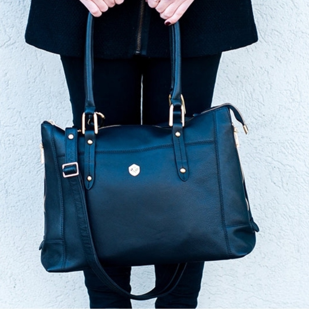 Poppy Barley Black Leather Tote with Gold Hardware